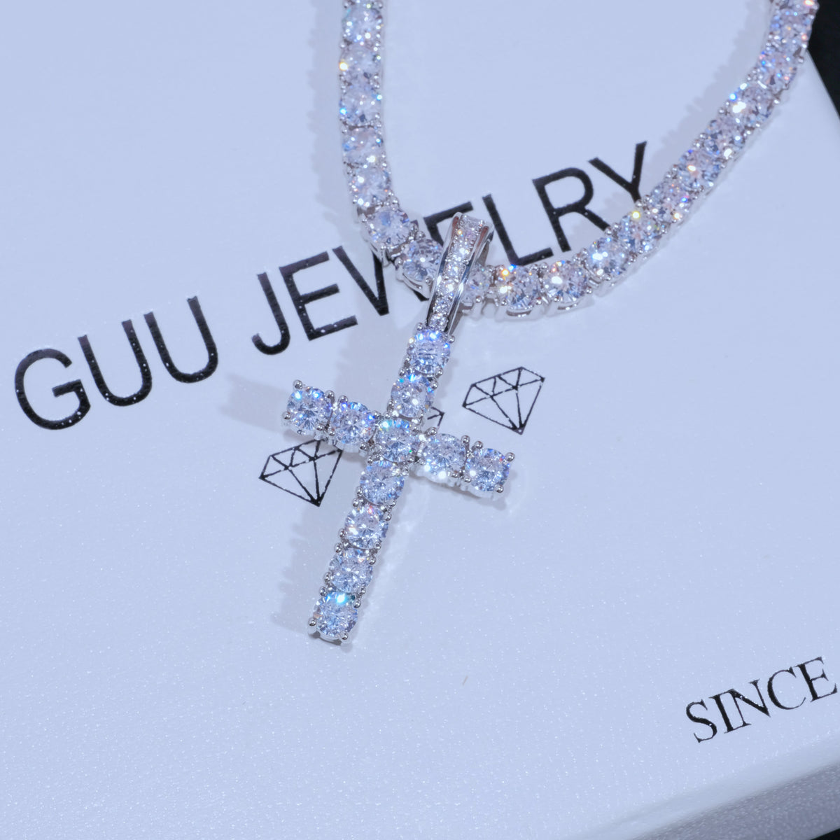 5MM UPSIDE DOWN CROSS TENNIS NECKLACE IN 18K WHITE GOLD-UP TO 50% OFF,FREE  SHIPPING ZUUKING